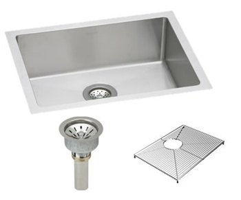 Elkay EFRU211510DBG Avado Undermount Package with stainless steel sink, bottom grid protector and drain assembly.