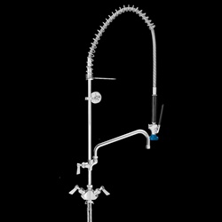 Fisher Stainless Steel Single Deck Mount Pre-Rinse Unit with Add-On Faucet, Wall Bracket and EZ Install Adapters. The add-on faucet option is available in different lengths. Fisher's stainless steel pre-rinse faucets are AB1953 certified.