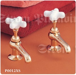 Strom Plumbing - P0012XS Supercoat Brass Antique Reproduction Individual Basin Faucets with Porcelain Cross Handles