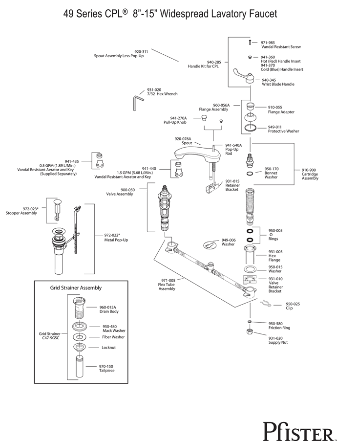 Pfister 49 Series CPL Replacement Parts - pfister tech 167