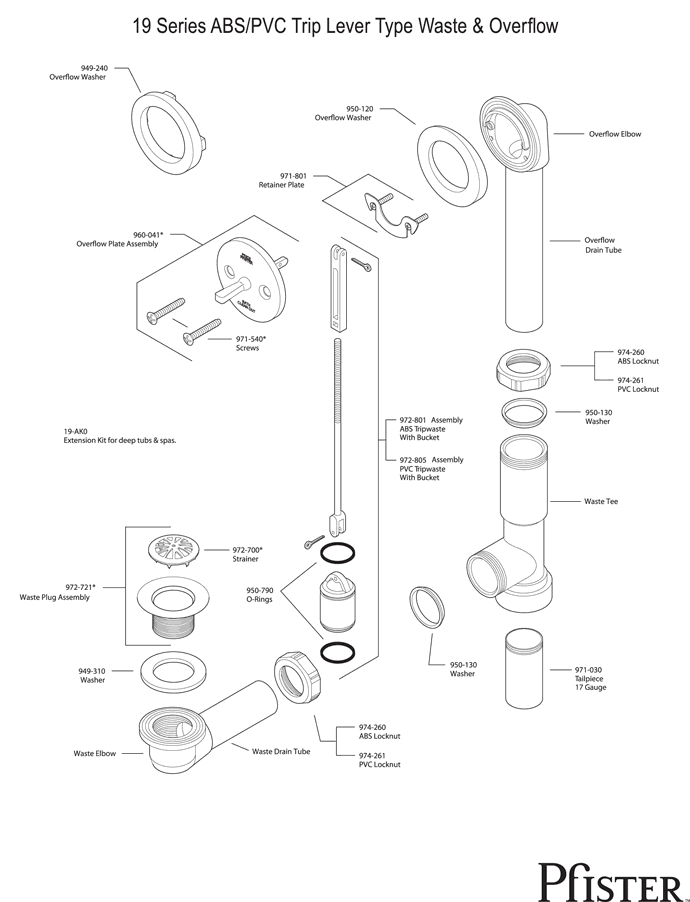 Pfister 19 Series ABS Trip Lever Replacement Parts - pfister tech 399