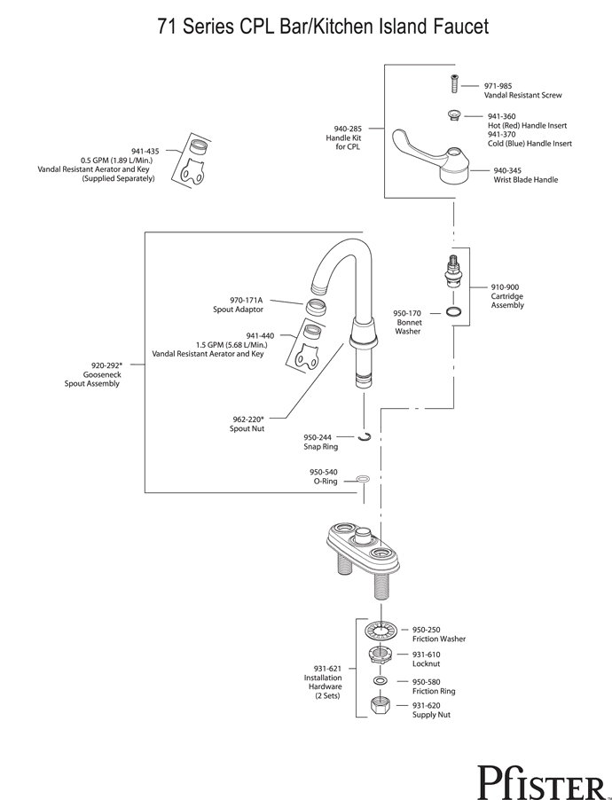 Pfister 71 Series Bar - Style 2 Replacement Parts - pfister tech 41