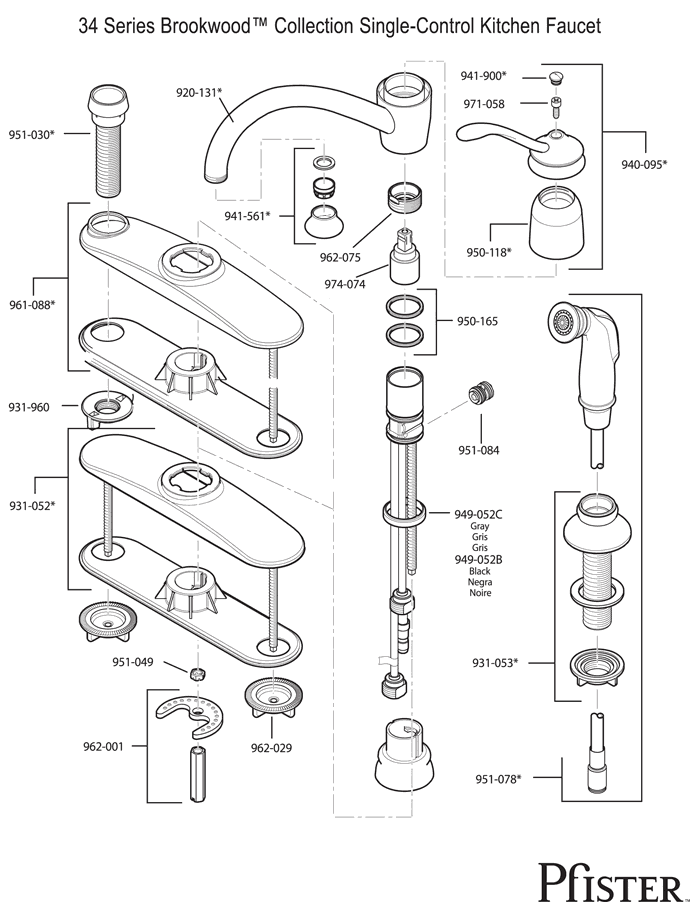Pfister 34 Series Brookwood Replacement Parts - pfister tech 70