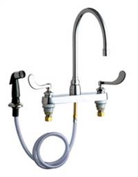 Chicago Faucets 1102-GN8AE3-317AB - 8-inch Center deck mounted kitchen faucet with Gooseneck swing spout, Wristblade handles and side spray.