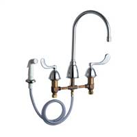 Chicago Faucet 8-inch Kitchen Sink Faucet with Gooseneck Spout, Wing Handles and Side Spray. Available Chrome Plated or in Polished Brass. (See below)
