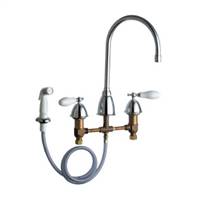 Chicago Faucet 8-inch Kitchen Faucet with Gooseneck Spout and Porcelain Handles. Available in Chrome or Polished Brass Finishes (See Below).