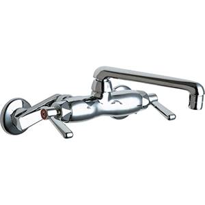 Chicago Faucets 445-ABCP Adjustable Wall Mounted Faucet with 6 inch Cast Swing Spout and 2.2 GPM Softflo Aerator. The 445-ABCP also includes lever handles and the long lasting Quaturn™ Cartridges that Chicago Faucets have been using for over 100 years.