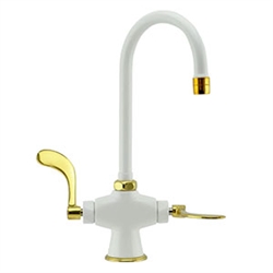 Chicago Faucets 50-ABWC Single hole deck mounted faucet is a classic design that has two control handles and mounts into one installation hole. The 50-ABCP comes with a gooseneck swing spout and 2.2 GPM aerator for an even flow of water
