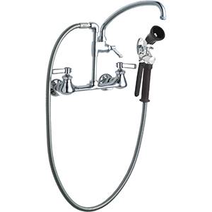 The Chicago Faucets 509-GCLABCP Wall Mounted Pot Filler / Pre-Rinse unit with low-flow spray head is perfect for multipurpose use in any commercial kitchen. You can use the 509-GCLABCP as a normal style faucet for filling pots or washing them.