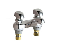 Chicago Faucets 802-VE2805-335ABCP 4 inch Center Lavatory Faucet with Integral Spout and E2805 0.5 GPM (1.9 L/min) Vandal Resistant Spray Outlet, 335 Push-Tilt Handles with NAIAD™ Adjustable Self Closing Cartridges