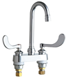 Chicago Faucets 895-317E2805-5ABCP 4 inch Center Deck Mounted Sink Faucet with Rigid/Swing Gooseneck Spout, 0.5 GPM (1.9 L/min) Vandal Resistant Spray Outlet, Indexed Wristblade Handles and Quaturn™ Cartridges