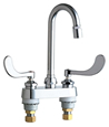Chicago Faucets 895-317E29ABCP 4 inch Center Deck Mounted Sink Faucet with Rigid/Swing Gooseneck Spout, 2.2 GPM Pressure Compensating Lam-A-Flo™ Laminar Flow Outlet, Indexed Wristblade Handles and Quaturn™ Cartridges
