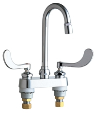 Chicago Faucets 895-317E29ABCP 4 inch Center Deck Mounted Sink Faucet with Rigid/Swing Gooseneck Spout, 2.2 GPM Pressure Compensating Lam-A-Flo™ Laminar Flow Outlet, Indexed Wristblade Handles and Quaturn™ Cartridges