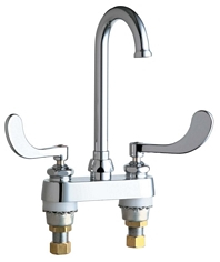 Chicago Faucets 895-317FCABCP 4 inch Center Deck Mounted Sink Faucet with Rigid/Swing Plain End Gooseneck Spout, 1.6 GPM Laminar Flow Control Device in Spout, Indexed Wristblade Handles and Quaturn™ Cartridges