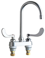 Chicago Faucets 895-317GN2AE3ABCP 4 inch Center Deck Mounted Sink Faucet with Rigid/Swing Gooseneck Spout, 2.2 GPM Pressure Compensating Softflo® Aerator, Indexed Wristblade Handles and Quaturn™ Cartridges