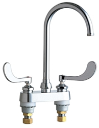 Chicago Faucets 895-317GN2AFCABCP 4 inch Center Deck Mounted Sink Faucet with Rigid/Swing Gooseneck Spout, 1.6 GPM Laminar Flow Control Device in Spout, Indexed Wristblade Handles and Quaturn™ Cartridges