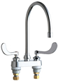 Chicago Faucets 895-317GN8AE3ABCP 4 inch Center Deck Mounted Sink Faucet with large Rigid/Swing Gooseneck Spout, 2.2 GPM Pressure Compensating Softflo® Aerator, Indexed Wristblade Handles and Quaturn™ Cartridges