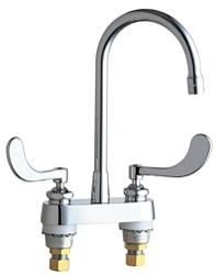 Chicago Faucets 895-317RGD2ABCP 4 inch Center Deck Mounted Sink Faucet with Rigid Gooseneck Spout, 2.2 GPM Pressure Compensating Softflo® Aerator, Indexed Wristblade Handles and Quaturn™ Cartridges