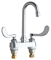 Chicago Faucets 895-317XKABCP 4 inch Center Deck Mounted Sink Faucet with Rigid/Swing Gooseneck Spout, 2.2 GPM Pressure Compensating Softflo® Aerator, Indexed Wristblade Handles and Ceramic Disc Cartridges