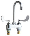 Chicago Faucets 895-E35-317ABCP 4 inch Center Deck Mounted Sink Faucet with Rigid/Swing Gooseneck Spout, E35 1.5 GPM Pressure Compensating Softflo® Aerator, Indexed Wristblade Handles and Quaturn™ Cartridges