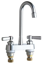 Chicago Faucets 895-RGD1ABCP 4 inch Center Deck Mounted Sink Faucet with Rigid Gooseneck Spout, 2.2 GPM Pressure Compensating Softflo® Aerator, Indexed Lever Handles and Quaturn™ Cartridges
