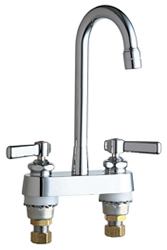 Chicago Faucets 895-RGD1XKABCP 4 inch Center Deck Mounted Sink Faucet with Rigid Gooseneck Spout, 2.2 GPM Pressure Compensating Softflo® Aerator, Indexed Lever Handles and Ceramic Disc Cartridges