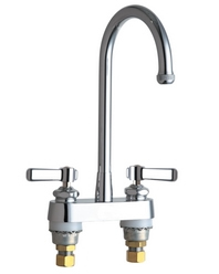 Chicago Faucets 895-RGD2E1ABCP Service 4 inch Center Deck Mounted Sink Faucet with Rigid Gooseneck Spout, Quixtop Screen Outlet, Indexed Lever Handles and Quaturn™ Cartridges