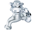 Central Brass 0033-H1/2C - Self Closing, Wall Mounted Faucet Sink Faucet with Cold Water Cross Handle, Hose Thread Outlet and 1/2-14 NPT female inlet threads.