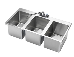 Krowne HS-3819 - Drop-In Hand Sink, 3 Compartment, 36-inch x 18-inch x 10-inch OA, 10-inch x 14-inch x 10-inch Deep Bowl, w/Deck Mounted Faucet, 1-1/2-inch Drain, Stainless Steel Construction (34-inch x 14-1/4-inch Cutout)