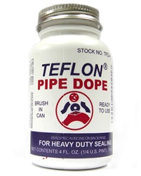 SOS Products Teflon Pipe Dope for heavy duty sealing, comes in a 4 FL. OZ. container with brush for easy application to pipe threads. Safe, non-toxic mixture can be used with food service systems.