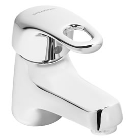 Speakman S-3451 - Vandal-resistant single lever basin faucet. Polished chrome plated solid brass body. Adjustable temperature limit and flow control. Copper tube inlets with 3/8-inch male compression threads. 1-1/4-inch pop-up drain.