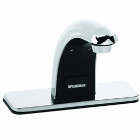 Speakman S-8710 - Battery powered lavatory faucet. Solenoid with built-in filter. Batteries and electronics housed above counter. All metal chassis and removable cover. Uses two (2) 3-volt lithium batteries. Low battery warning light (10% life remains).