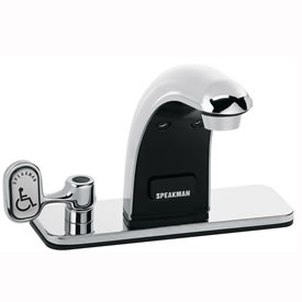 Speakman S-8718 - Battery powered lavatory faucet. Solenoid with built-in filter. Batteries and electronics housed above counter. All metal body and spout. Uses two (2) 3-volt lithium batteries. Low battery warning light (10% life remains). 60-second tim