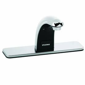 Speakman S-8720 - Battery powered lavatory faucet. Solenoid with built-in filter. Batteries and electronics housed above counter. All metal chassis and removable cover. Uses two (2) 3-volt lithium batteries. Low battery warning light (10% life remains).