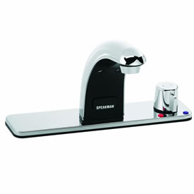 Speakman S-8722 - Battery powered lavatory faucet. Above-counter hot/cold mixer with built-in check valves, adjustable temperature limit stop. Solenoid with built-in filter. Batteries and electronics housed above counter. All metal chassis and removable