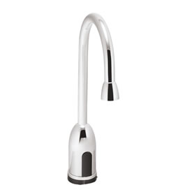 Speakman S-9101 - Battery powered slim gooseneck faucet. Solenoid with built-in filter. Electronics housed above counter. All brass body and spout. Uses two (2) 3-volt lithium batteries. Low battery warning light (10% life remains). 120-second time out f