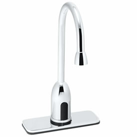 Speakman S-9110 - Battery powered slim gooseneck faucet. Solenoid with built-in filter. Electronics housed above counter. All brass body and spout. Uses two (2) 3-volt lithium batteries. Low battery warning light (10% life remains). 120-second time out f