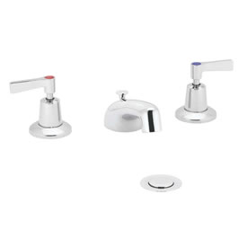 Speakman SC-3032 - Polished chrome plated widespread faucet. 1/4 turn ceramic cartridge. Vandal-resistant handles with color-coded indexes (SC-3032-REV revere handles are not color-coded). Adjustable centers from 6-inch to 12-inch. Accommodates installat