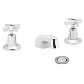 Speakman SC-3041 - Polished chrome plated widespread faucet. 1/4 turn ceramic cartridge. Vandal-resistant handles with color-coded indexes (SC-3042-REV revere handles are not color-coded). Adjustable centers from 6-inch to 12-inch. Accommodates installat