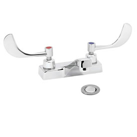 Speakman SC-3074 - Polished chrome plated centerset faucet. 1/4 turn ceramic cartridge. Vandal-resistant handles with color-coded indexes (SC-3072-REV revere handles are not color-coded). Accommodates installations up to 7/8-inch thick. Strainer drain. M