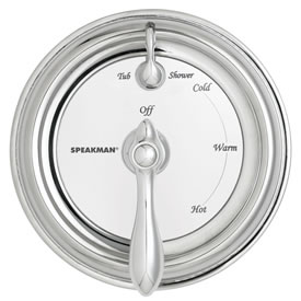 Speakman SM-4400 - Anti-scald Pressure balanced valve with volume control/diverter feature and chrome plated brass wall plate, brass lever handle and decorative index.  Replaces SM-4200.  Valve body with integral stops.