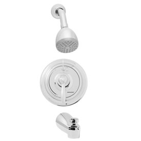 Speakman SM-5430 - SM-5400 thermostatic/pressure balance valve, S-2272-E2 showerhead, S-2500 arm and flange and S-1554 diverter tub spout. Valve body with integral stops.