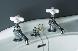 Strom Plumbing - P0012XC Polished Chrome Antique Reproduction Individual Basin Faucets with Porcelain Cross Handles.