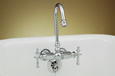 Strom Plumbing - P0021C Chrome Gooseneck Fuller Style Leg Tub Faucet with 3-3/8 inch centers. The Fuller style clawfoot bathtub faucet is one of the oldest plumbing designs brought back by Sign of the Crab.