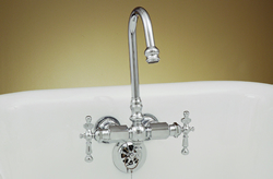 Strom Plumbing - P0021C Chrome Gooseneck Fuller Style Leg Tub Faucet with 3-3/8 inch centers. The Fuller style clawfoot bathtub faucet is one of the oldest plumbing designs brought back by Sign of the Crab.
