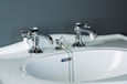 Strom Plumbing - P0058C Polished Chrome Antique Reproduction Individual Basin Faucets with Side Mounted Porcelain Lever Handles. The P0058C porcelain lever handles indicate hot and cold.