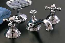Strom Plumbing P0345S St. Lawrence Supercoat Polished Brass Widespread Lavatory Faucet with Cross Handles and Pop-Up Drain. Cross handles have porcelain button for hot and cold.