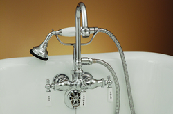 Strom Plumbing P0402 Gooseneck Clawfoot Tub Faucet with Handheld Shower. The P0402 mounts on 3-3/8 inch centers for use with almost any cast iron tub on legs.