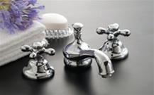 Strom Plumbing - P0820C Sacramento Chrome Plated Widespread Lavatory Faucet with Cross Handles and Pop-Up Drain. Cross handles have porcelain button for hot and cold.