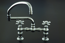 Strom Plumbing - P0833C Bridge Style 8 inch Center Deck Mount Kitchen Faucet with Double Jointed Pot Filler Swing Spout and Metal Cross Handles. The P0833C has metal cross handles with porcelain buttons for hot and cold.